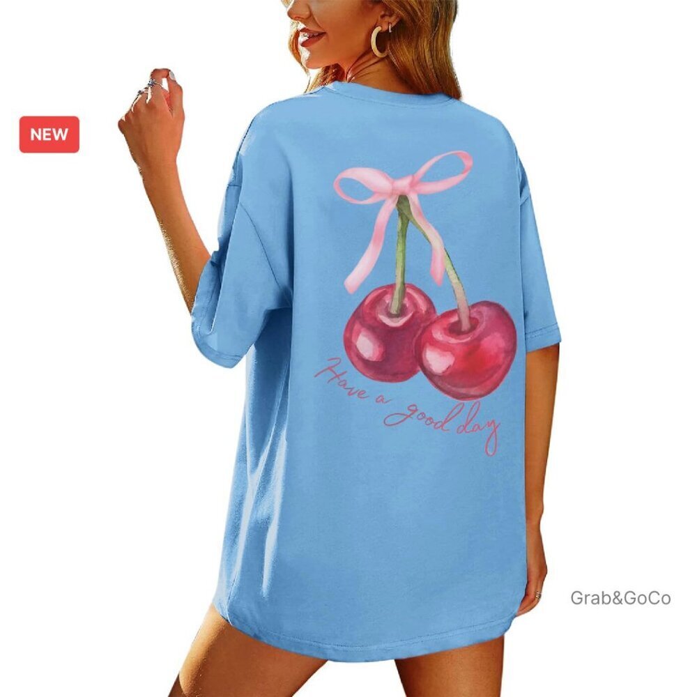 Oversized Graphic Tee Cherry Print Y2K Aesthetic Summer Cotton Tshirt